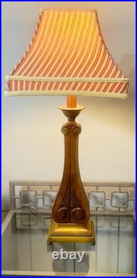 Vintage 30-1/8 Wooden Table Lamp With Retro Red Stripe Shade Ornate Base Design Vintage 30-1/8 Wooden Table Lamp With Retro Red Stripe Shade Ornate Base Design