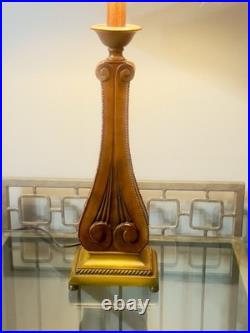 Vintage 30-1/8 Wooden Table Lamp With Retro Red Stripe Shade Ornate Base Design Vintage 30-1/8 Wooden Table Lamp With Retro Red Stripe Shade Ornate Base Design