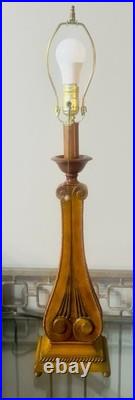 Vintage 30-1/8 Wooden Table Lamp With Retro Red Stripe Shade Ornate Base Design