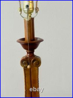 Vintage 30-1/8 Wooden Table Lamp With Retro Red Stripe Shade Ornate Base Design