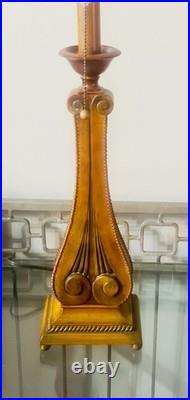 Vintage 30-1/8 Wooden Table Lamp With Retro Red Stripe Shade Ornate Base Design