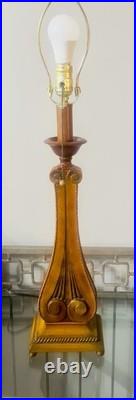 Vintage 30-1/8 Wooden Table Lamp With Retro Red Stripe Shade Ornate Base Design Vintage 30-1/8 Wooden Table Lamp With Retro Red Stripe Shade Ornate Base Design