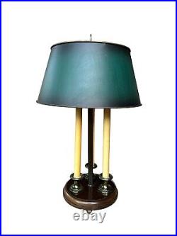 Vintage 3 Candle Bouillotte Style Table Lamp Green Shade Wood Round Footed Base