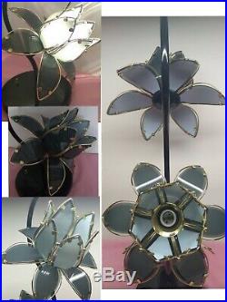 Vintage 3 Light Lotus Flower Table Lamp, Gray Smoke Glass, Brass, Black Base