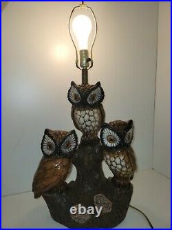 Vintage 3 OWLS Table Lamp Chalkware 29.5 tall 3 Way Light MCM