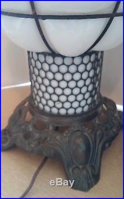 Vintage 3 way PAIR Table Lamps Metal & Milk Glass UNIQUE Medieval Art Deco L@@K