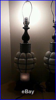 Vintage 3 way PAIR Table Lamps Metal & Milk Glass UNIQUE Medieval Art Deco L@@K