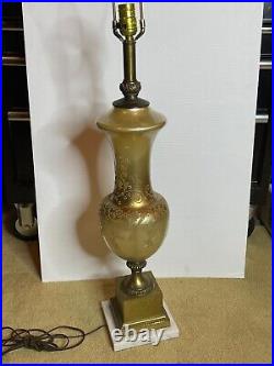 Vintage 50s Hollywood Regency MCM Frosted Gold Glass Urn Handpainted Table Lamp