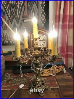 Vintage 5 Light Brass Candelabra Electric Table Lamp Crystal Prisms, Cherub