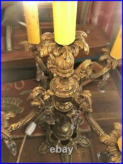 Vintage 5 Light Brass Candelabra Electric Table Lamp Crystal Prisms, Cherub