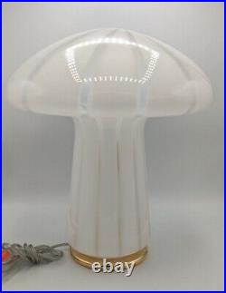 Vintage 70s Striped Murano Glass Mushroom Table Lamp Clear & White with Gold Base
