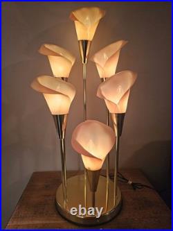 Vintage 80s Hollywood Regency MCM Pink 6 Calla Lily Brass Table Lamp 34 3 Way