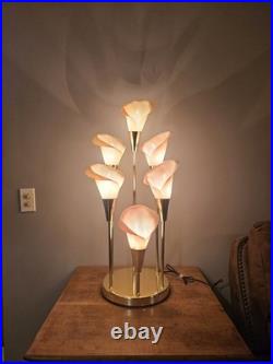 Vintage 80s Hollywood Regency MCM Pink 6 Calla Lily Brass Table Lamp 34 3 Way