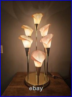 Vintage 80s Hollywood Regency MCM Pink 6 Calla Lily Brass Table Lamp 34 3 Way
