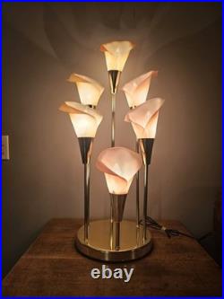 Vintage 80s Hollywood Regency MCM Pink 6 Calla Lily Brass Table Lamp 34 3 Way