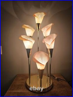 Vintage 80s Hollywood Regency MCM Pink 6 Calla Lily Brass Table Lamp 34 3 Way