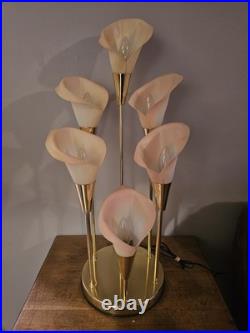 Vintage 80s Hollywood Regency MCM Pink 6 Calla Lily Brass Table Lamp 34 3 Way