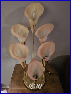 Vintage 80s Hollywood Regency MCM Pink 6 Calla Lily Brass Table Lamp 34 3 Way