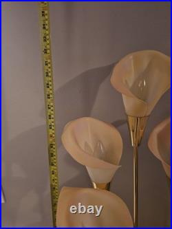 Vintage 80s Hollywood Regency MCM Pink 6 Calla Lily Brass Table Lamp 34 3 Way