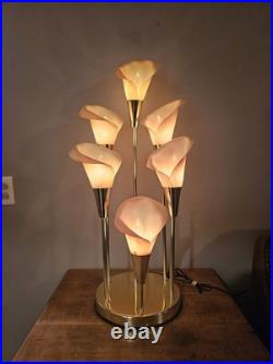 Vintage 80s Hollywood Regency MCM Pink 6 Calla Lily Brass Table Lamp 34 3 Way