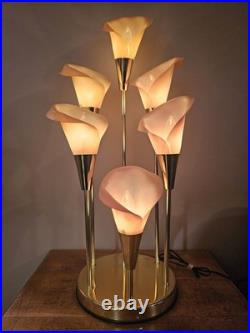 Vintage 80s Hollywood Regency MCM Pink 6 Calla Lily Brass Table Lamp 34 3 Way