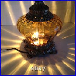 Vintage Amber Glass And Cast Metal Table Lamp 3 Way Lighting