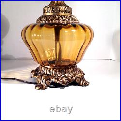 Vintage Amber Glass And Cast Metal Table Lamp 3 Way Lighting