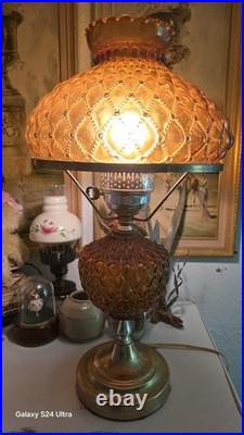 Vintage Amber Hobnail Diamond Quilt Glass Hurricane Ornate Table Lamp 21 Tall