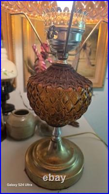Vintage Amber Hobnail Diamond Quilt Glass Hurricane Ornate Table Lamp 21 Tall