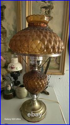 Vintage Amber Hobnail Diamond Quilt Glass Hurricane Ornate Table Lamp 21 Tall