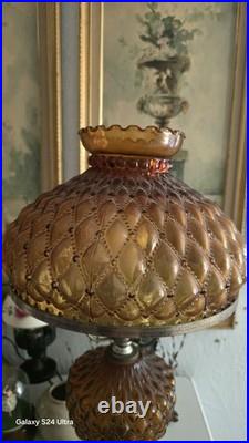Vintage Amber Hobnail Diamond Quilt Glass Hurricane Ornate Table Lamp 21 Tall