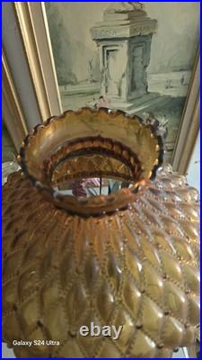 Vintage Amber Hobnail Diamond Quilt Glass Hurricane Ornate Table Lamp 21 Tall