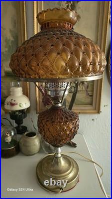 Vintage Amber Hobnail Diamond Quilt Glass Hurricane Ornate Table Lamp 21 Tall