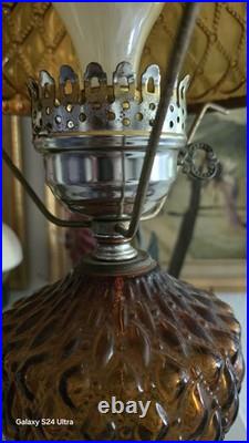 Vintage Amber Hobnail Diamond Quilt Glass Hurricane Ornate Table Lamp 21 Tall