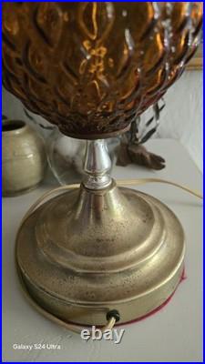 Vintage Amber Hobnail Diamond Quilt Glass Hurricane Ornate Table Lamp 21 Tall