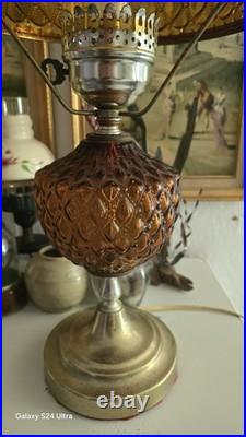 Vintage Amber Hobnail Diamond Quilt Glass Hurricane Ornate Table Lamp 21 Tall