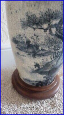 Vintage Antique Chinese Vase Lamp Blue White Crackle Chinoiserie