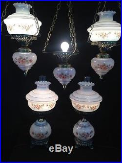 Vintage Antique Floral 3-way Lamps Hanging Pendant Parlor Lights COMPLETE SET