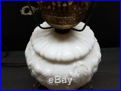 Vintage Antique Milk Glass Floral GWTW Hurricane Lamp Light Glass Brass Shade