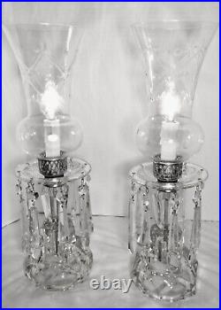 Vintage /Antique Pair of Boudoir Mantle Crystal Prisms Hurricane Table Lamps
