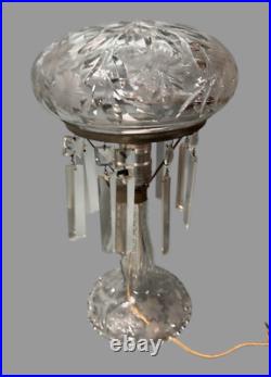 Vintage Antique Pressed & Cut Glass Boudoir Table Lamp w Flowers & Butterflies