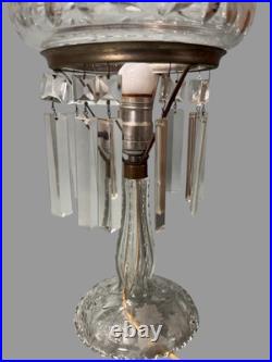 Vintage Antique Pressed & Cut Glass Boudoir Table Lamp w Flowers & Butterflies