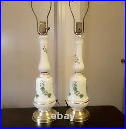 Vintage Antique Set Porcelain Table Lamps Ivy Leaf Design Brass Base Gold Trim