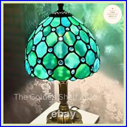 Vintage Aqua Tiffany Style Table Lamp Stained Glass Bedside Light
