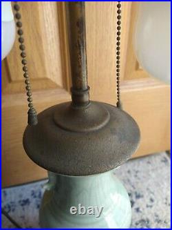 Vintage Arrow Celedon Brass Patina Table Desk Lamp 2 Sockets 21 6 6