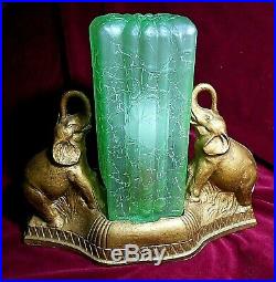 Vintage ArtDeco Metal Double Elephant Lamp withSquare Green Glass Skyscraper Shade