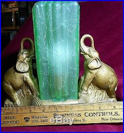 Vintage ArtDeco Metal Double Elephant Lamp withSquare Green Glass Skyscraper Shade