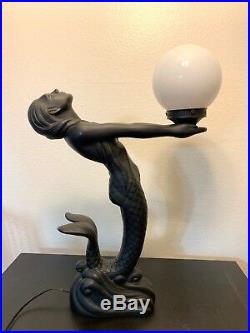 Vintage Art Deco Black Mermaid White Pearl 24 Tall Table Lamp