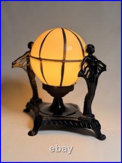 Vintage Art Deco Cast Iron Twin Flapper Figural Table Lamp Caged Globe Vintage Art Deco Cast Iron Twin Flapper Figural Table Lamp Caged Globe