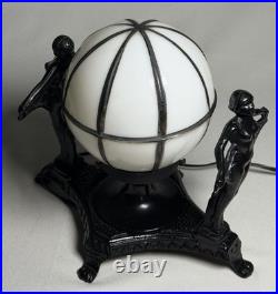 Vintage Art Deco Cast Iron Twin Flapper Figural Table Lamp Caged Globe